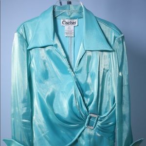 Cachet Aqua Blue shinny Dressy Evening Blouse